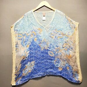 Chicos 100% Linen Crochet Tunic Top Womens S/M Blue Floral Sheer Coastal Beachy